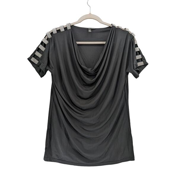 Ethyl Draped Front Top XS‎ Black Rhinestones Cutout Sleeve Clubwear Concert Top - Picture 1 of 8